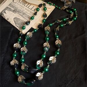 Vintage Layered Beaded Necklace Green Gold Leaf Double Strand Art Deco MCM